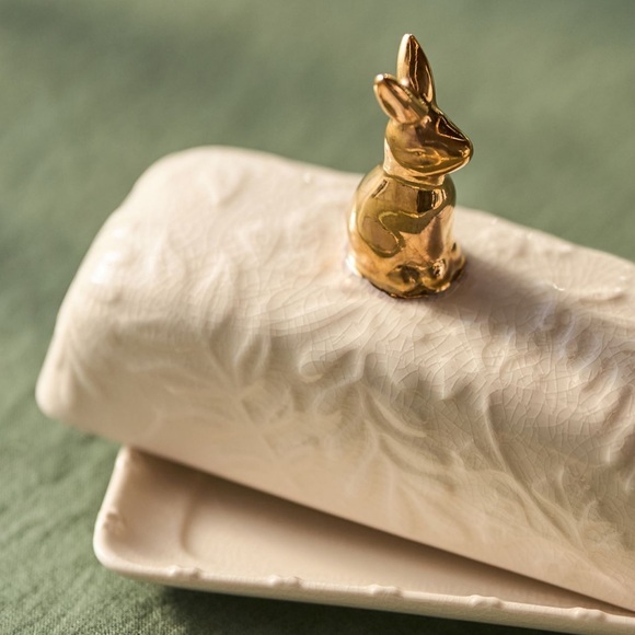 Anthropologie NWT Bunny Butter Dish w/ Gold Bunny Accent Ceramic Easter Spring - Picture 2 of 7